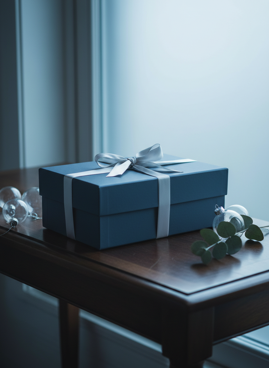 A curated scene of a seasonal Artefact & Harmonie gift box designed for winter, finished in deep slate blue with a silky matte surface and wrapped with a narrow, pale silver satin ribbon tied in a structured bow. The box sits atop a smooth, dark wood console near a frosted window, where cool natural daylight filters through, casting soft, bluish highlights and long, delicate shadows. Around the box, minimal decorative elements such as transparent glass baubles and a single sprig of eucalyptus lie slightly out of focus. Captured from a low, three-quarter angle with a moderate depth of field, the composition feels serene and atmospheric, blending photographic realism with a restrained, sophisticated seasonal ambiance.