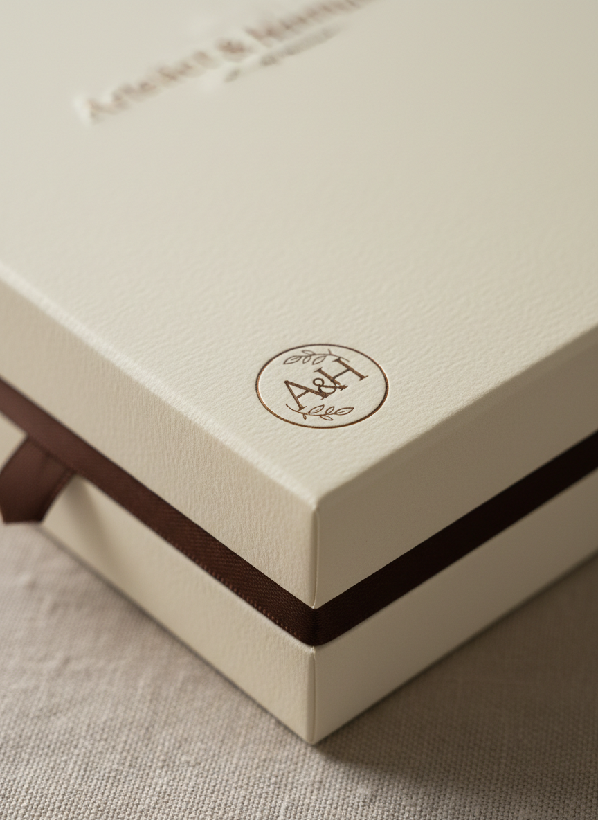 A close-up, detail-focused view of an Artefact & Harmonie gift box corner, emphasizing craftsmanship: the crisp, perfectly aligned edges of thick, textured cardstock in a warm off-white, a narrow espresso-colored ribbon tucked neatly under the lid, and a finely debossed logo catching the light with a hint of metallic bronze. The box rests on a softly blurred background of neutral linen fabric. Side lighting from the right creates gentle shadow along the box’s edge and nuanced highlights on the embossed logo, accentuating depth and texture. Shot with a macro lens and very shallow depth of field, the frame is intimate and precise, exuding discretion, quality, and quiet sophistication in a clean, photographic style.