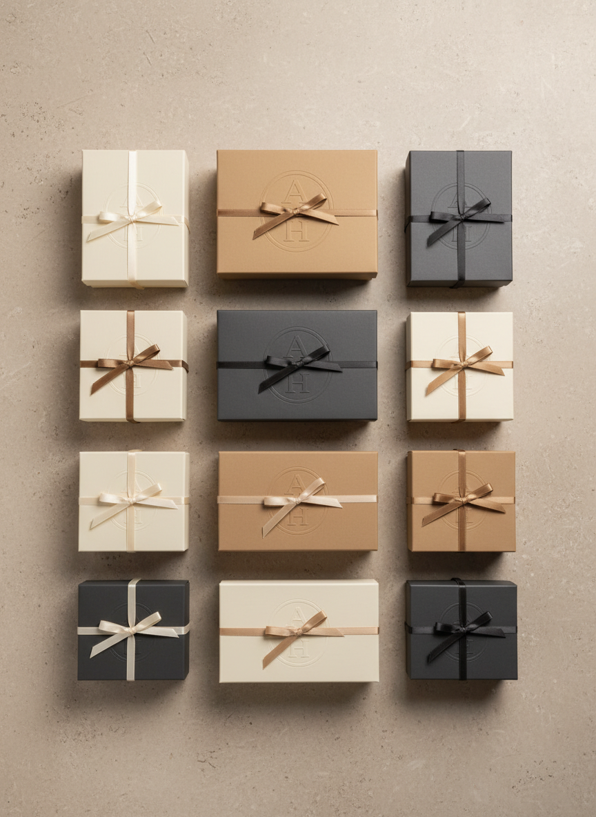 A luxurious flat-lay composition of several Artefact & Harmonie gift boxes arranged in an elegant grid on a stone-like, cool beige backdrop. Boxes of varying sizes in shades of ivory, sand, and charcoal are aligned with precise spacing, each adorned with minimalist embossed logos and slender satin ribbons in complementary neutrals. Soft studio lighting from above creates gentle gradients across the matte surfaces and subtle gleams on the ribbons, casting carefully controlled, almost shadowless forms. Photographed with sharp focus throughout and a perfectly balanced, symmetrical composition, the image feels meticulously curated, sophisticated, and modern, embodying a high-end, photographic realism aesthetic ideal for showcasing a cohesive collection.