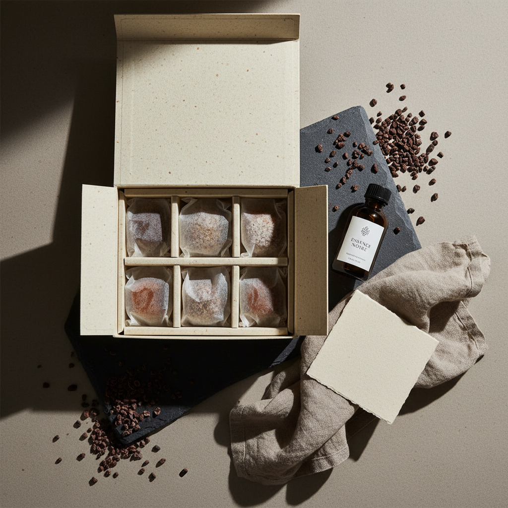 A highly curated flat-lay of an Artefact & Harmonie “artisan gourmand” gift box experience. The main box, in creamy ecru with a faintly speckled, handmade-paper look, sits open in the center, its compartments containing individually wrapped confections in translucent vellum, a small dark glass bottle with a minimalist label, and a folded tasting note card on soft cotton paper. Surrounding the box are delicately scattered cocoa nibs, a slate tasting board, and a linen napkin in warm greige. Soft, directional studio lighting from the left creates defined but gentle shadows and rich, tactile contrast. Captured from directly above with crisp focus and careful negative space, the photographic realism emphasizes texture, craft, and an elevated, gastronomic mood.