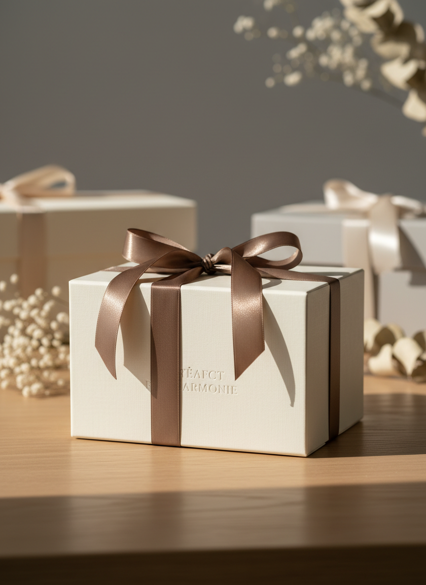 A refined gift box from Artefact & Harmonie, crafted in thick matte ivory cardboard with a subtle linen texture, topped with a perfectly tied deep taupe satin ribbon. The box rests at the center of a polished light oak table, surrounded by softly blurred hints of other neutral-toned boxes and delicate dried flowers in the background. Gentle natural daylight from the left creates soft highlights along the ribbon’s sheen and delicate shadows around the box, enhancing its volume. Photographed at eye level with a shallow depth of field, the composition feels calm, luxurious, and minimalist, emphasizing sophisticated photographic realism suited for an elegant gift-box brand homepage hero image.