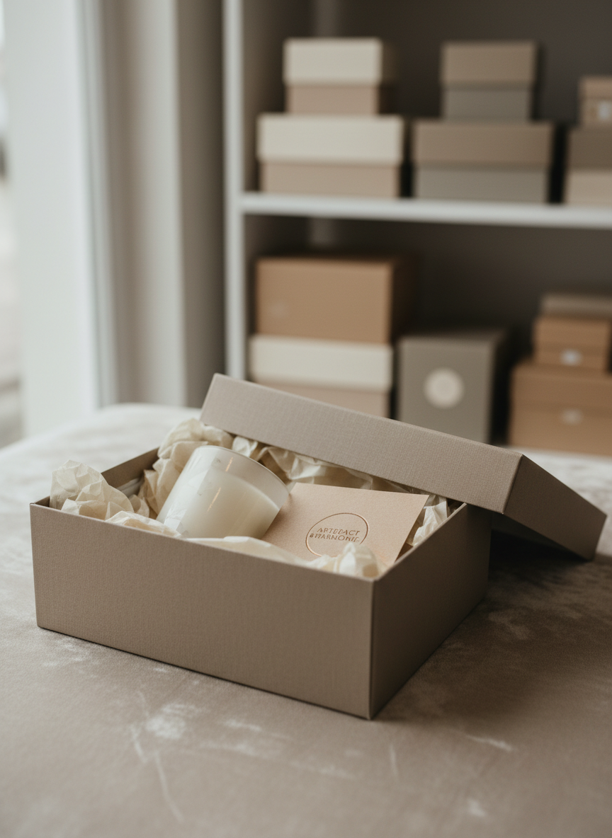 An open Artefact & Harmonie gift box in muted warm gray, its hinged lid gently leaning back to reveal neatly arranged contents: tissue paper in layered shades of cream, a glass candle with a frosted finish, and a small kraft card stamped with a subtle metallic logo. The box is placed on a velvet-covered surface in soft beige, with a background of out-of-focus shelves displaying meticulously stacked boxes in complementary tones. Diffused overcast window light bathes the scene, creating a serene ambience with delicate shadows and soft reflections on the glass. Captured from a slightly elevated three-quarter angle, the image highlights textures and details with refined photographic realism, conveying quiet sophistication and artisanal care.