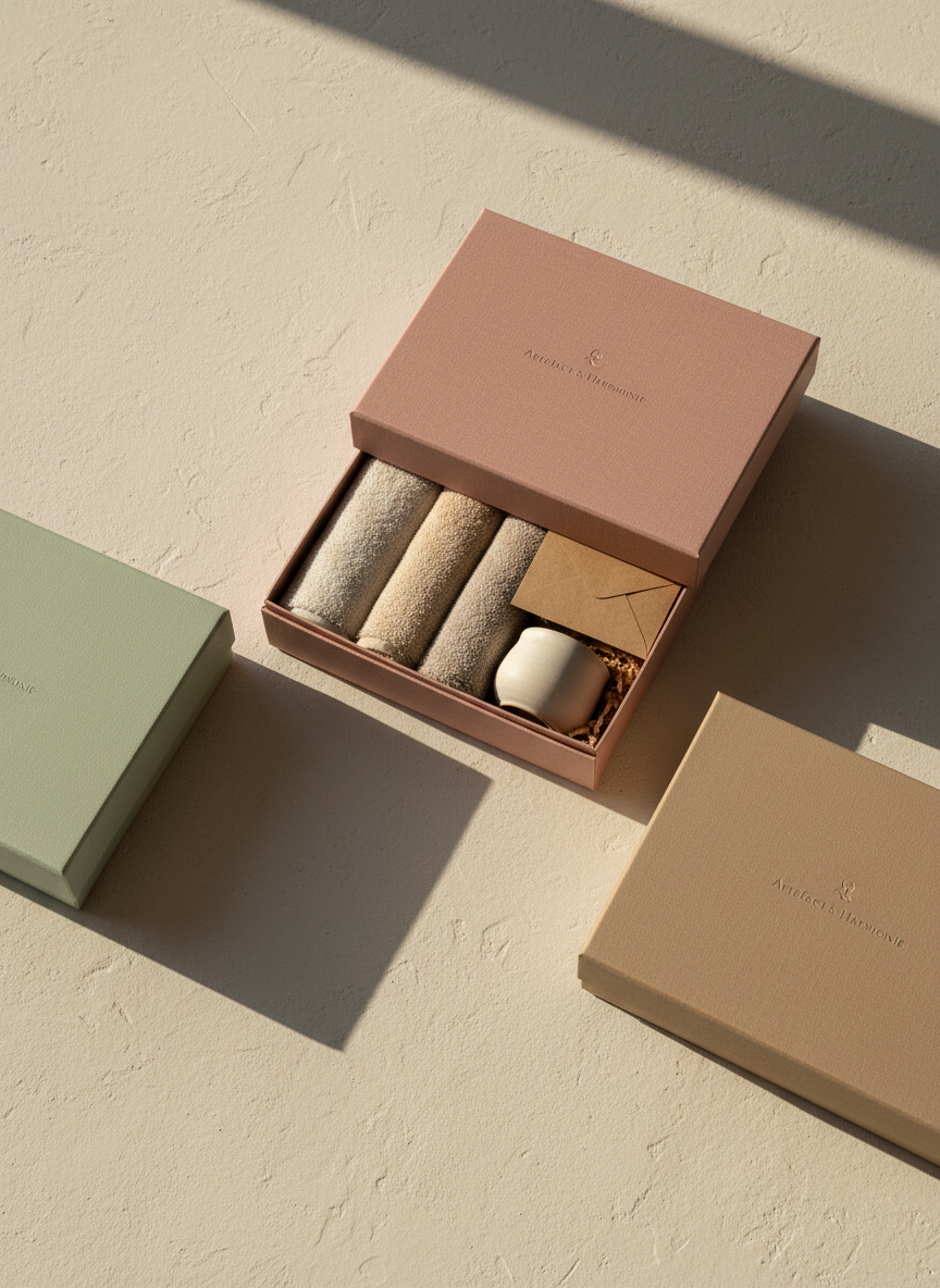 An ensemble of themed Artefact & Harmonie wellness gift boxes arranged diagonally across a pale, matte plaster surface. One box, in dusty rose with a fine grain texture, is partially open to reveal folded organic cotton towels in warm neutrals, a small matte ceramic jar, and a kraft envelope. Two other closed boxes in soft sage and warm taupe anchor the frame. Warm, indirect afternoon light from the upper right glides across the scene, producing elongated, graceful shadows and subtle chromatic depth. Photographed from a gently elevated angle with the boxes aligned along the rule of thirds, the image balances negative space with detailed focus, evoking a soothing, spa-like, yet distinctly sophisticated aesthetic in highly realistic photographic style.
